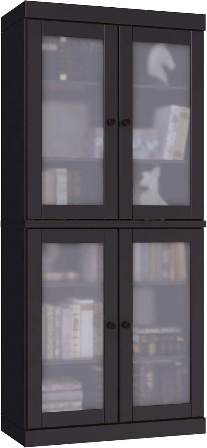 Palace Imports Solid Wood Bookcase w/Frosted Glass Doors & Adjustable Shelves - 6-Tier Bookshelf, 71.5" H x 32” W - Black, 100% Renewable Eco-Friendly Wood, Made in Brazil