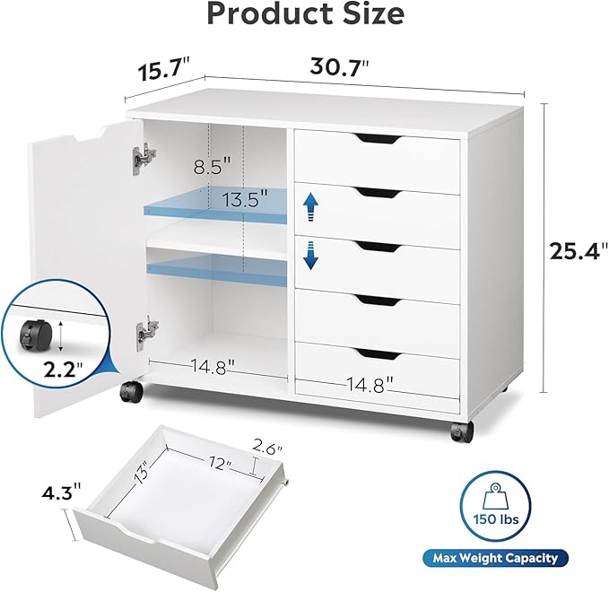 5-Drawer Wood Drawer Cabinet, Office Storage Cabinet with Adjustable Shelf & Wheels, Printer Stand for Home Office, White, 15.7" D x 30.7" W x 25.4" H