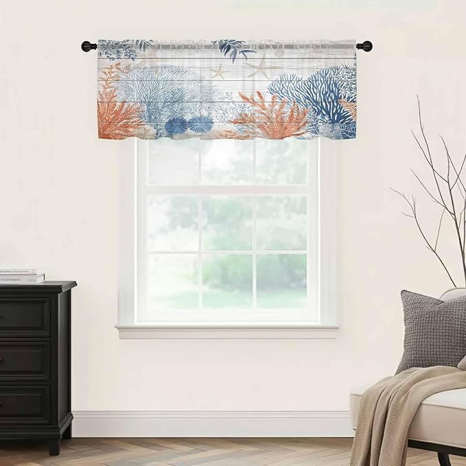 Ocean Corals Sheer Valance Curtains, Summer Beach Coral Sea Stars Wood Grain
