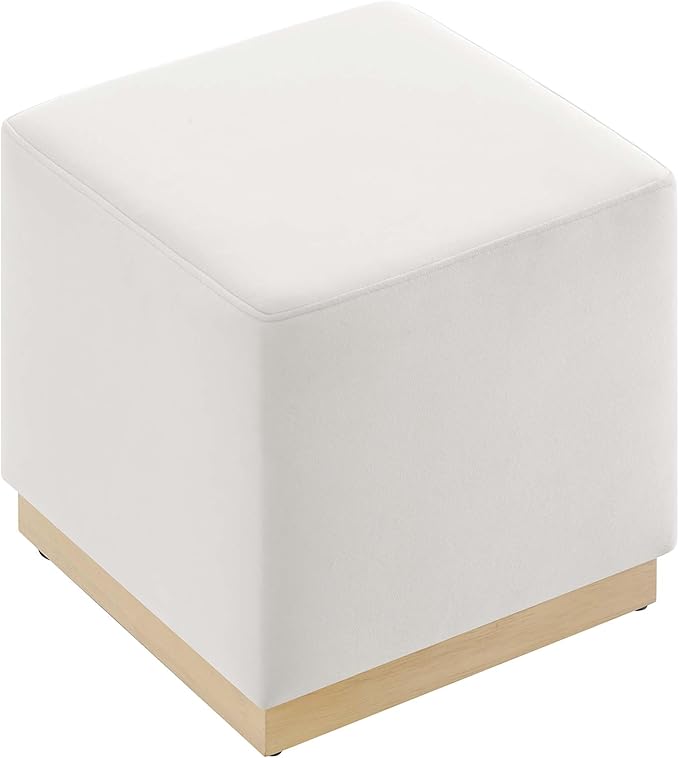 Modway Tilden 17 Inch Square Performance Velvet Upholstered Ottoman in Alabaster Natural - Small Ottoman Foot Rest with Rubberwood Plinth Base - Living Room Ottoman Side Table,