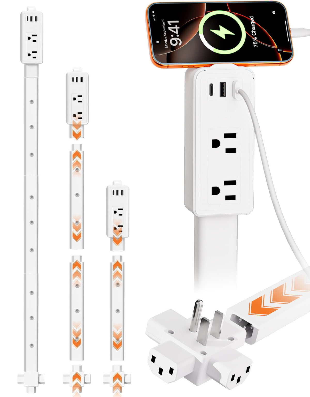 Electrical Outlet Extender Stick Features 2 USB-A, USB-C and 2 AC Outlets, Extendable 6", 15.3", 24.5", 34", for Hard to Reach Spaces Use Behind Couches, Nightstands, E-Sports Desks, and More