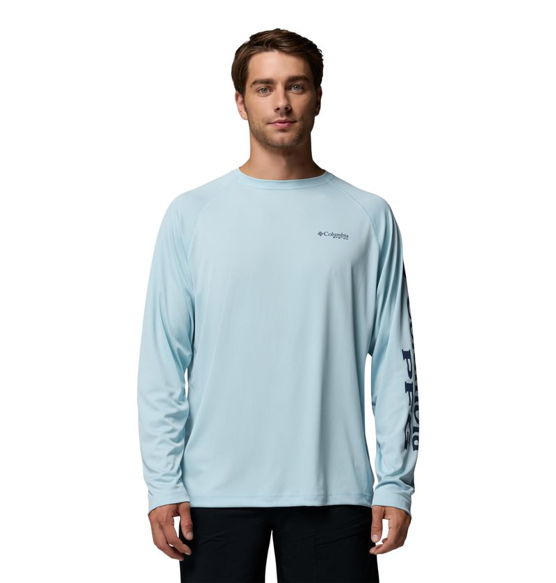 Columbia Men's PFG Terminal Tackle Long Sleeve Fishing Shirt, Marine Light/Nocturnal Logo, Small