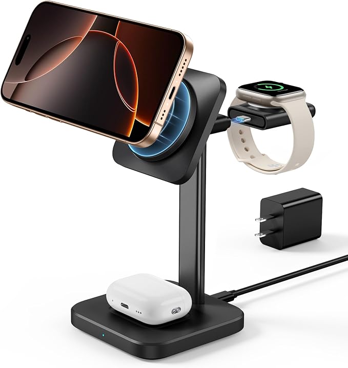 ESR 3 in 1 Wireless Charging Station for Apple[Certified] Portable Apple Watch Charger & MagSafe Charger Stand, Wireless Charger for Multiple Devices iPhone 17/16/15/14/13/12&Watch&AirPods, Black