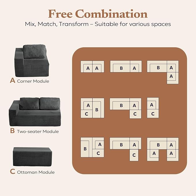 Loveseat Sofa, Cloud Modular Sofa Couch, Upholstered Floor Sofa with Deep Seat, Upholstered Foam Couch for Bedroom Living Room, No Assembly Required (Corduroy Fabric, Grey)