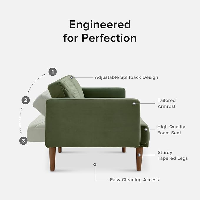mopio 76.4" Futon Sofa Bed, Couch, Loveseat, Sleeper Sofa, Mid Century Modern Futon Couch, Sofa Cama, Couches for Living Room (Olive Green Premium Velvet)