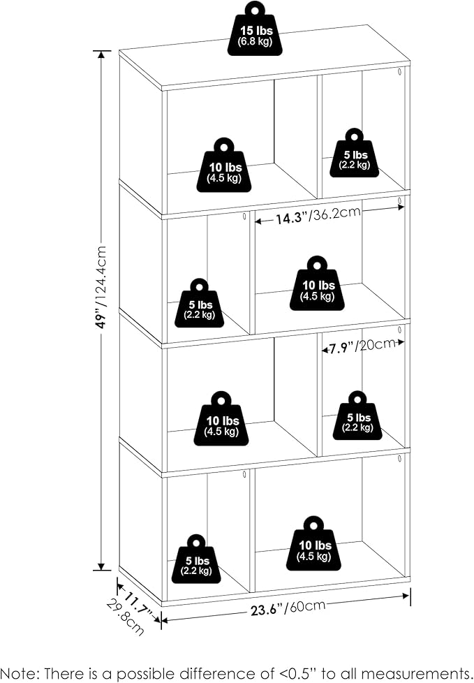 Furinno DALY Book Shelf, 8-Cube Bookshelf, Cube Storage Organizer Bookcase with Irregular Compartments, 11.7 x 23.6 x 49, for Living Room, Bedroom, Home Office, Espresso