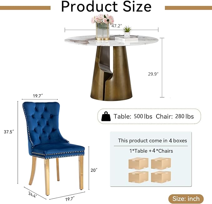 5-Piece Faux Marble Round Dining Table Set for 4, Modern Luxury Kitchen Table Set for 4 with Blue Tufted Chairs,Circle Dining Tables with Pandora Grain Top and Bronze Pedestal Base