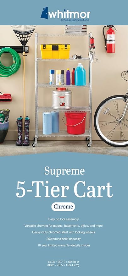 Whitmor 5 Tier Shelving Unit, Adjustable Storage Shelves with Wheels, 400 lbs Capacity per Shelf, Max 2000 lbs Total for Pantry, Kitchen, Garage, 30" L x 14" W x 60" H, Chrome