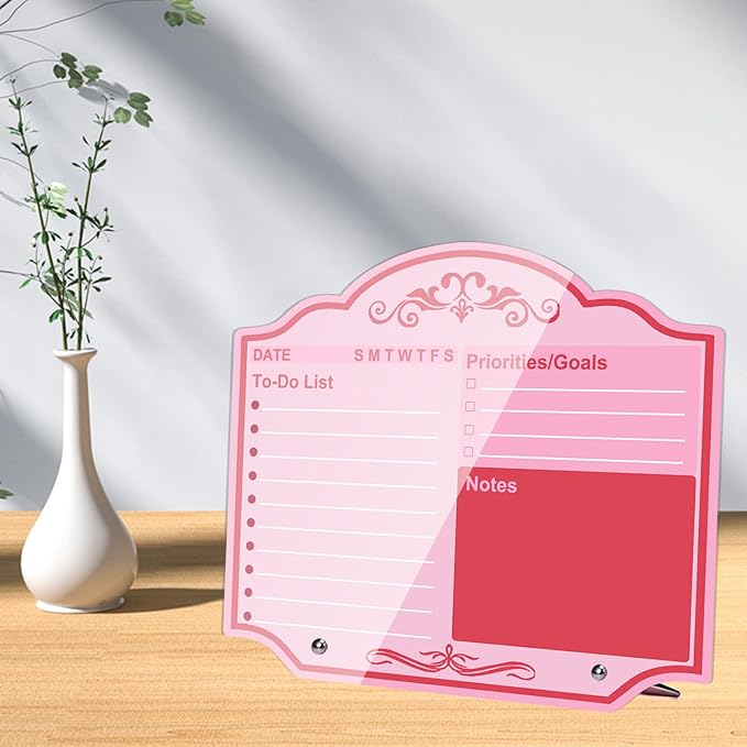 Desktop Thickened Acrylic Dry Erase Board to Do List Planner Board 12" x 10" Tabletop Priorities Notes Whiteboard with Stand Markers Pink for Office Home School Desk Weekly Daily Task Organizer