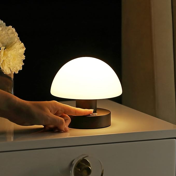 JONATHAN Y 5.75" Oil Rubbed Bronze Rechargeable Portable LED Table Lamp, Cordless Mushroom Accent Light for Bar, Nightstand, with Frosted White Glass Shade JYL7113A
