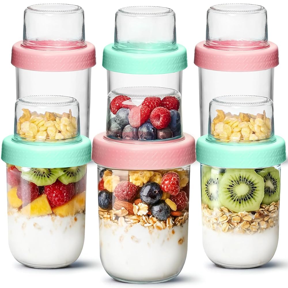 ComSaf 16+4Oz 4Pcs Overnight Oats Containers with Lids, Dual-Layer Jars