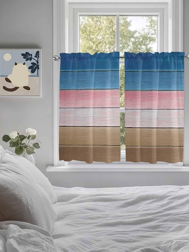 Blue Pink Brown Gradient Wood Grain Window Valance Curtains, Vintage Wood Board
