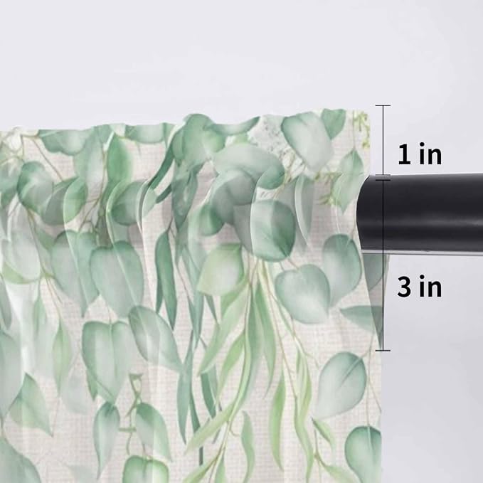 Green Leaf Sheer Valance Curtains, Eucalyptus Leaves Vintage Linen Texture