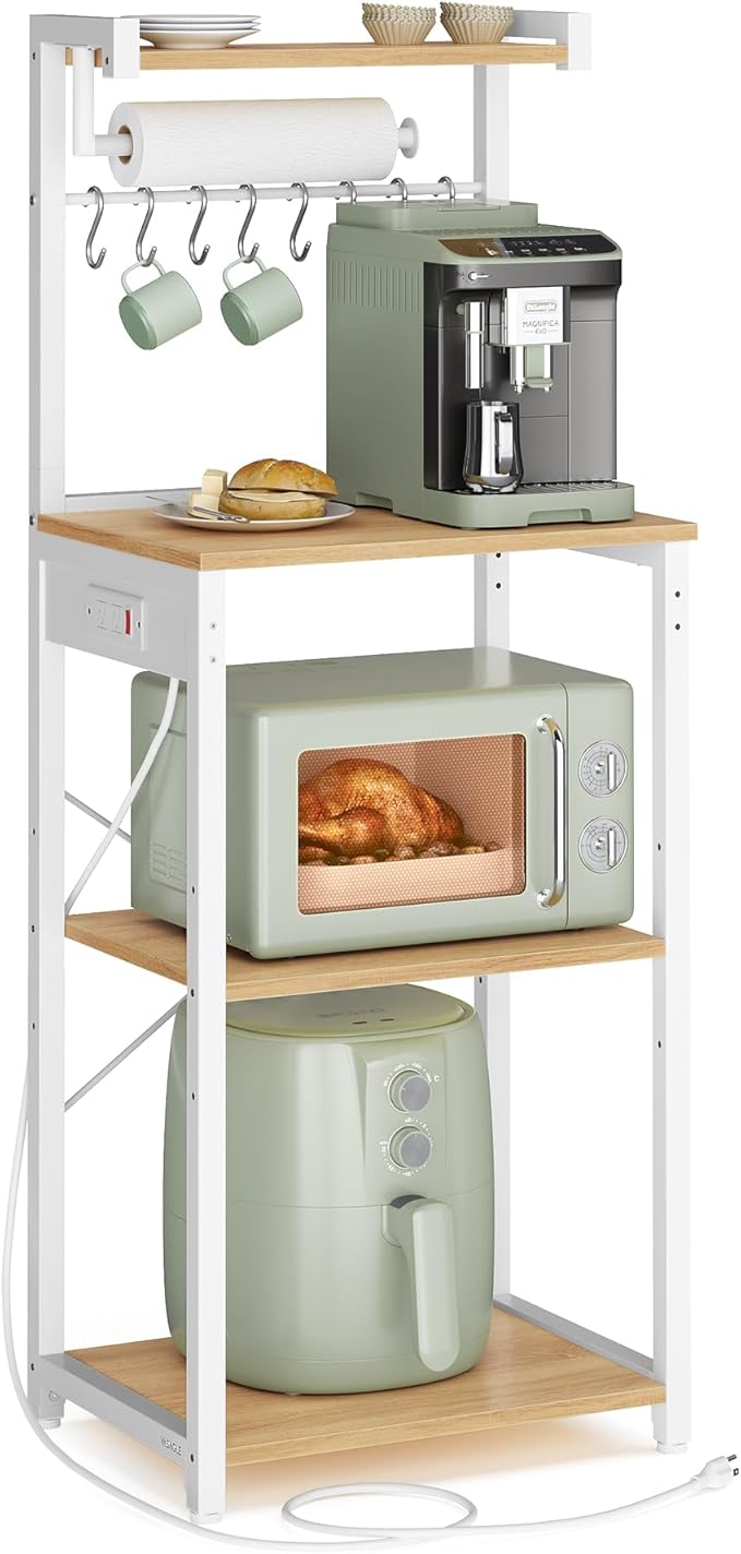 VASAGLE Kitchen Bakers Rack with Power Outlet, Coffee Bar 4-Tier with 8 S Hooks, Microwave Stand, Adjustable Shelf, for Small Spaces, 15.7 x 17.7 x 55.1 Inches, Golden Oak and Cloud White UKKS013YA01