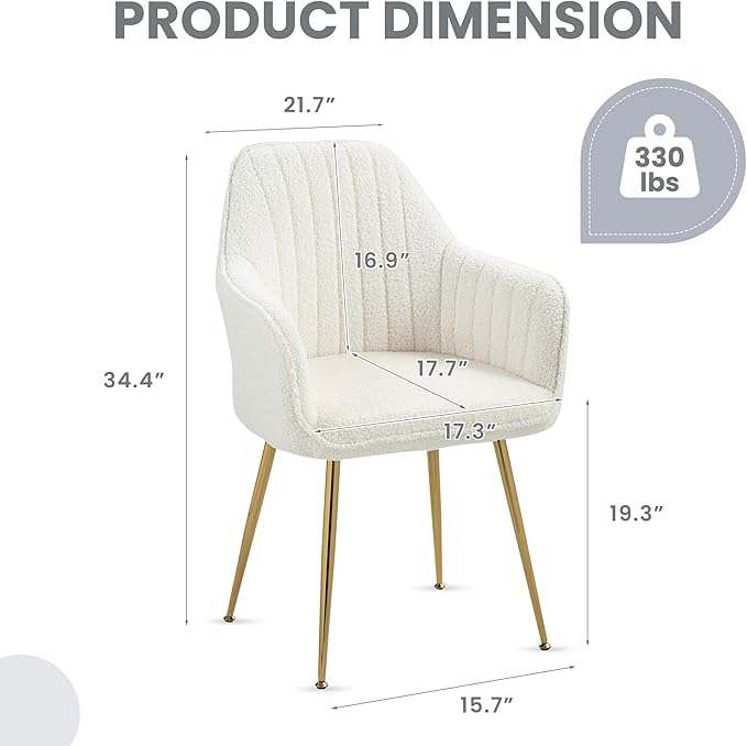 ECOTOUGE Modern Dining Chairs Set of 6, Upholstered Dining Room Chairs with Golden Metal Legs, Teddy Velvet Kitchen Chairs for Dining Table, Accent Chairs for Living Room, Cream White