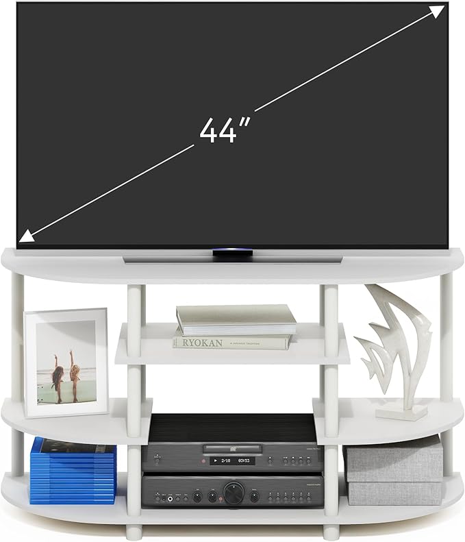 Furinno Jaya TV Stand, 4-Tier Open Shelf Design Corner Entertainment Center with Round Corner, TV Console for TV up to 46 Inch, Toolless Assembly, for Living Room, Bedroom, White
