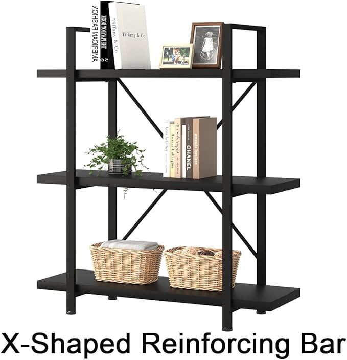 HSH 3 Tier Black Bookshelf, Industrial Small Metal Wooden Storage Book Shelves, Modern Open Low 3 Shelf Bookcase and Display Etagere, Vertical Book Shelf for Bedroom Living Room Office, Black Oak