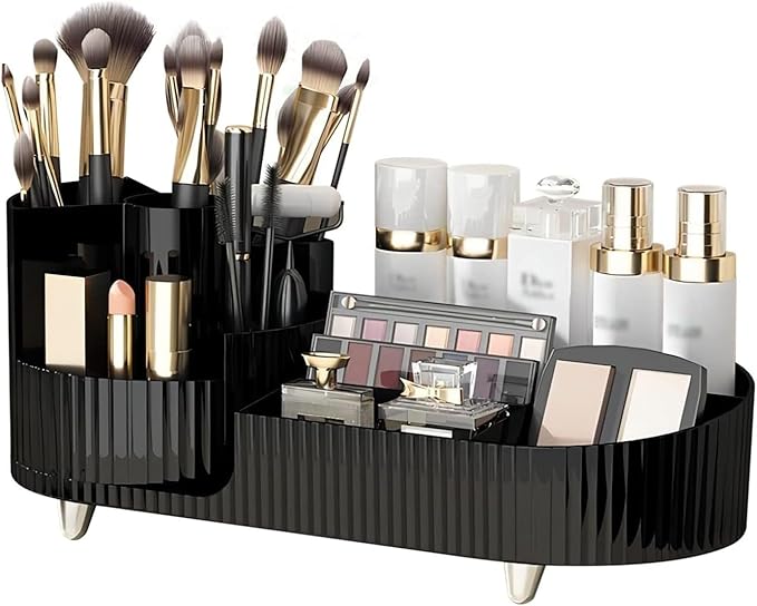 Rotating Cosmetic Organizer, Plastic Countertop Makeup Organizer with Makeup Brush Holder, Large Capacity Cosmetic Display Case, Countertop Makeup & Perfume Organizer with 9 Partitions (Black)