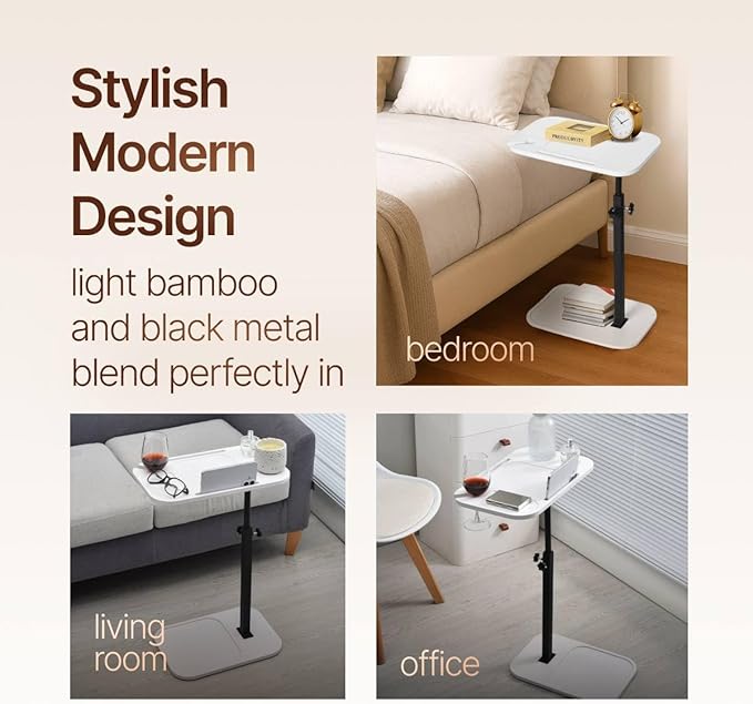 DAVIDOK C-Shaped Sofa End Table, Adjustable Height Couch Side Table with Device Slot, White Color with Black Metal Stand, Couch Table for Living Room, Bedroom