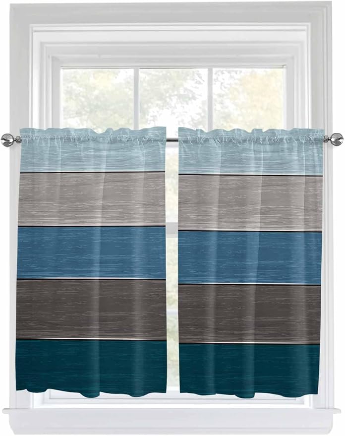 Retro Farm Blue Gray Wood Grain Window Valance Curtains, Rustic Wooden Plank