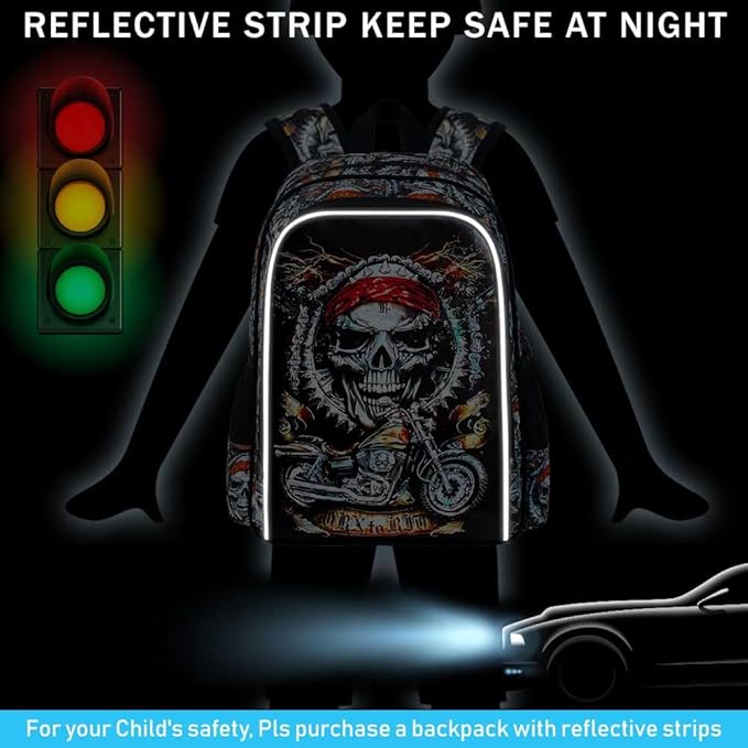 KLFVB 3PCS Kids Bookbag, 17" Boys Backpack and Lunch Box, Water Resistant Teenagers School Bag for Middle Elementary - Skeleton Motorcycle