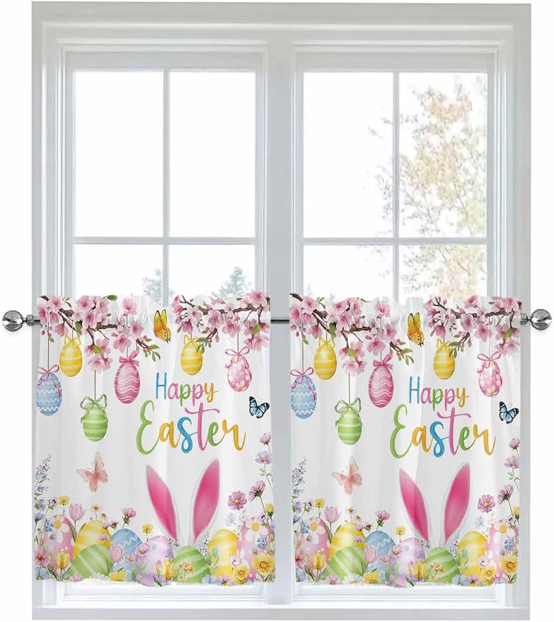 Happy Easter Half Window Curtain 36 Inches Long, Spring Watercolor Bunny Eggs