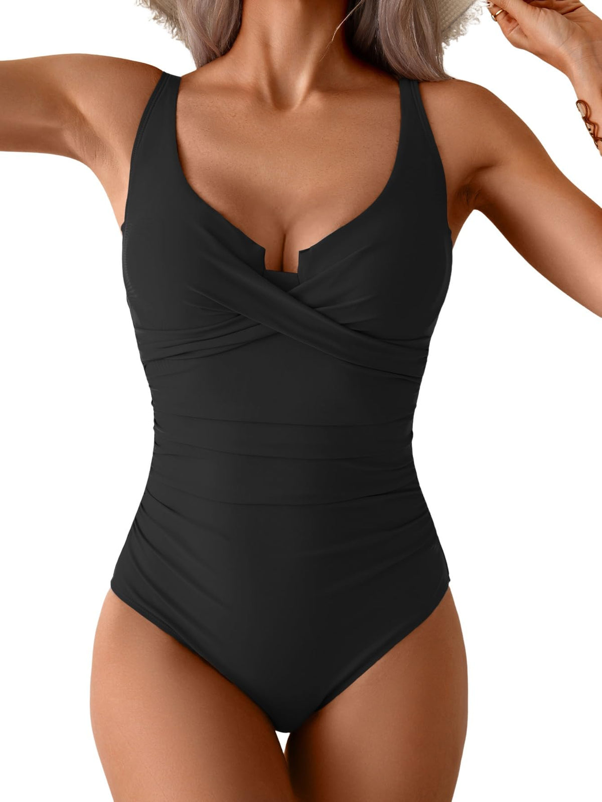 B2prity Women's Underwire One Piece Swimsuit Tummy Control Ruched Bathing Suit Criss Cross V Neck Swimwear Black