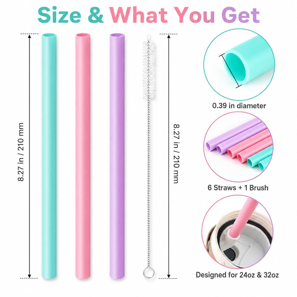Joshey 6PCS Replacement Straws for Owala FreeSip 24oz & 32oz Water Bottles - Reusable Plastic Straws with 1 Cleaning Brush, Travel Tumbler Accessories Parts - 3 Colors (Pink, Green, Purple)