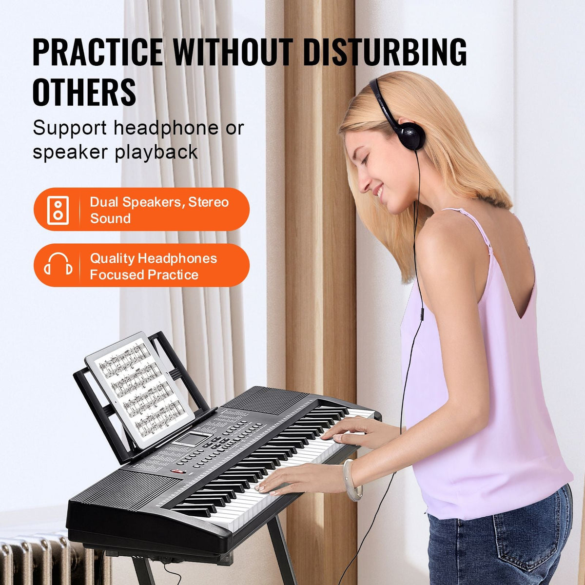 61 Key Digital Keyboard Piano, 200 Tones 200 Rhythms, Electric Portable Piano Keyboard Kit with 60 Demo Songs Built-In Dual Speakers Headphones, Piano Stickers for Beginners Learning