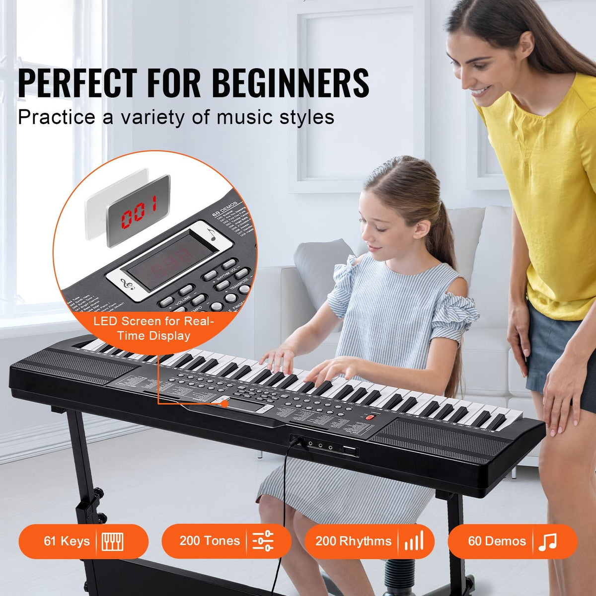61 Key Digital Keyboard Piano, 200 Tones 200 Rhythms, Electric Portable Piano Keyboard Kit with 60 Demo Songs Built-In Dual Speakers Headphones, Piano Stickers for Beginners Learning