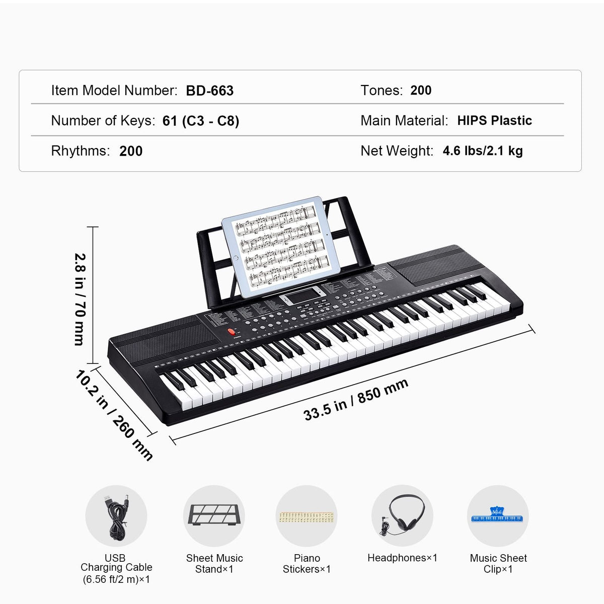 61 Key Digital Keyboard Piano, 200 Tones 200 Rhythms, Electric Portable Piano Keyboard Kit with 60 Demo Songs Built-In Dual Speakers Headphones, Piano Stickers for Beginners Learning