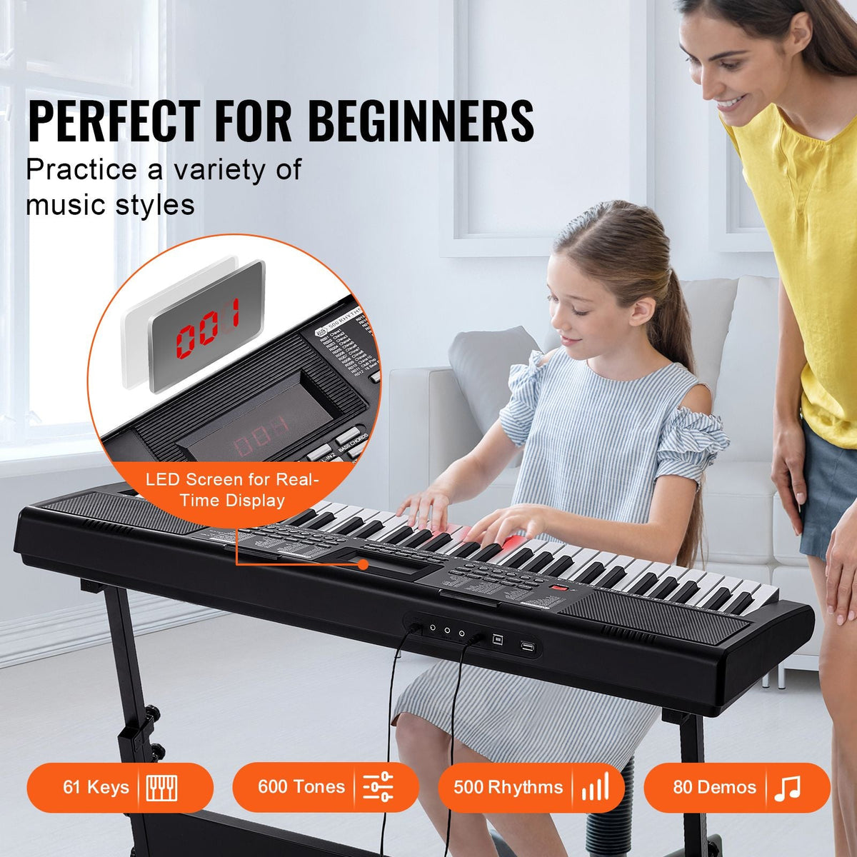61 Key Digital Keyboard Piano, Lighted Keys, Electric Portable Piano with Adjustable Stand 600 Tones 500 Rhythms Built-In Speakers Sustain Pedal Headphones, USB MIDI for Beginners