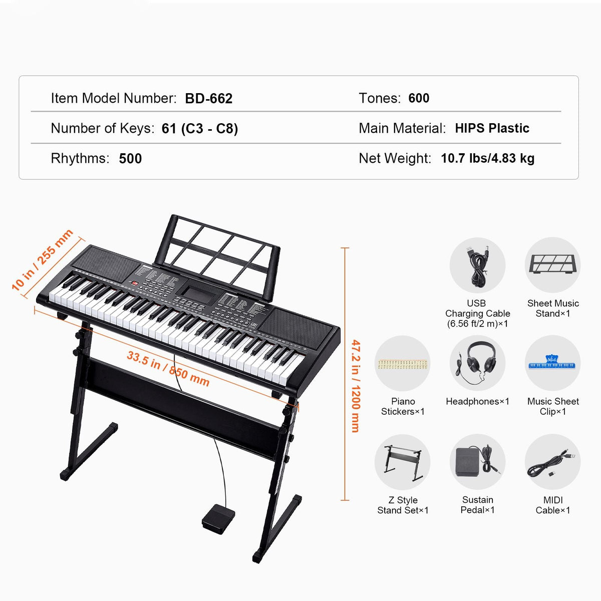 61 Key Digital Keyboard Piano, Lighted Keys, Electric Portable Piano with Adjustable Stand 600 Tones 500 Rhythms Built-In Speakers Sustain Pedal Headphones, USB MIDI for Beginners