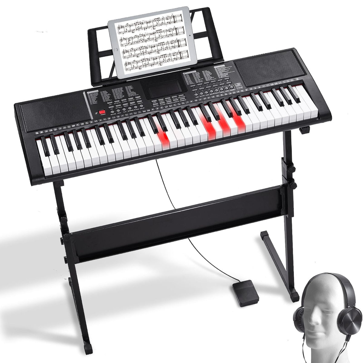 61 Key Digital Keyboard Piano, Lighted Keys, Electric Portable Piano with Adjustable Stand 600 Tones 500 Rhythms Built-In Speakers Sustain Pedal Headphones, USB MIDI for Beginners