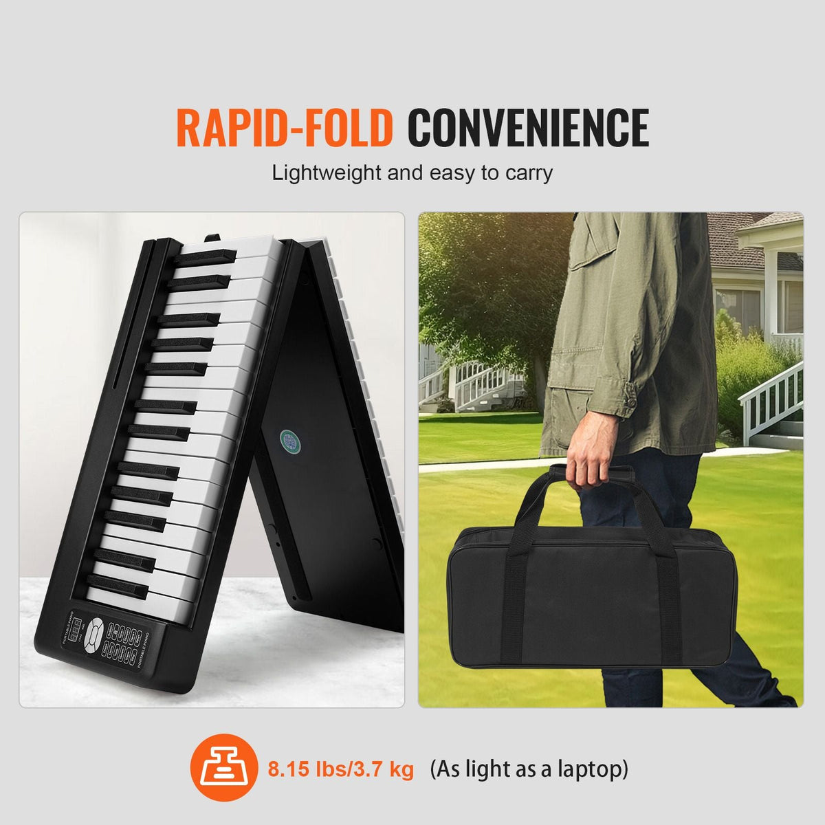 61 Key Folding Keyboard Piano, Bluetooth & MIDI, Portable Electronic Digital Foldable Piano with Sustain Pedal Touch Sensitive Lighted Keys Bag, Rechargeable for Beginners Teens Adults, Black