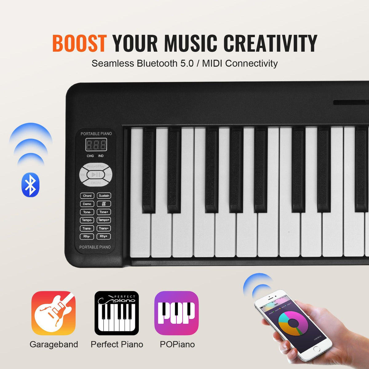 61 Key Folding Keyboard Piano, Bluetooth & MIDI, Portable Electronic Digital Foldable Piano with Sustain Pedal Touch Sensitive Lighted Keys Bag, Rechargeable for Beginners Teens Adults, Black