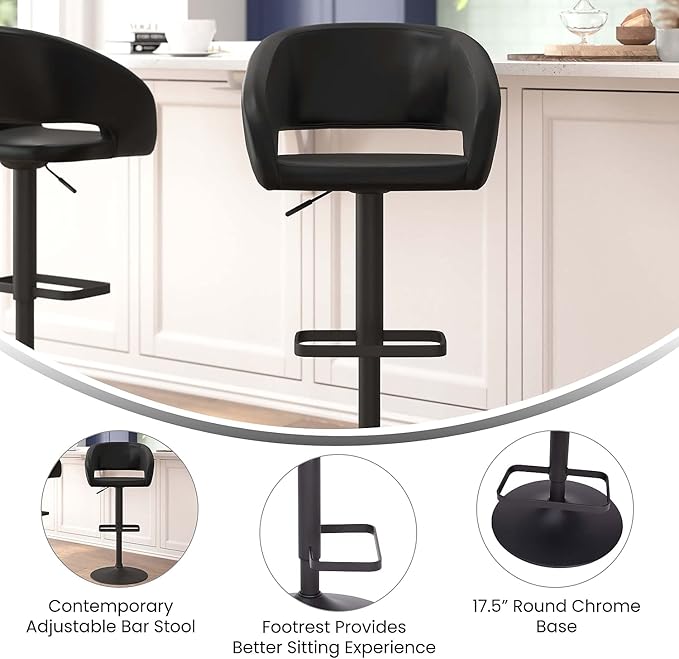 Flash Furniture Erik Contemporary Adjustable Height Barstool with Footrest and Rounded Mid-Back, Upholstered Bar or Counter Height Stool, Black