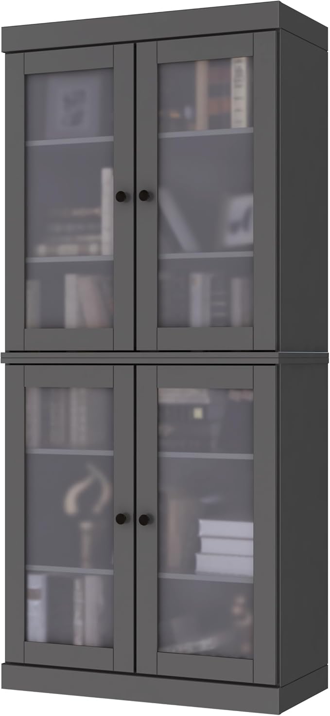 Palace Imports Solid Wood Bookcase - 6-Tier Floor Standing Bookshelf - 71.5" Tall Storage Shelf 32” W - Gray, Frosted Glass Doors for Living Room, Renewable 100% Eco-Friendly Wood, Made in Brazil