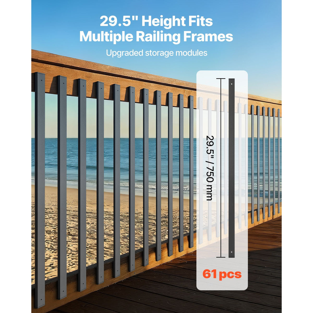 61 Pack Deck Balusters, 29.5 in Galvanized Steel Railing Spindles, Hollow Rectangle Metal Decking Stair Balusters with Pre-Drilled Hole, End Caps, Screws, for Deck, Porch & Stair Railing, Black