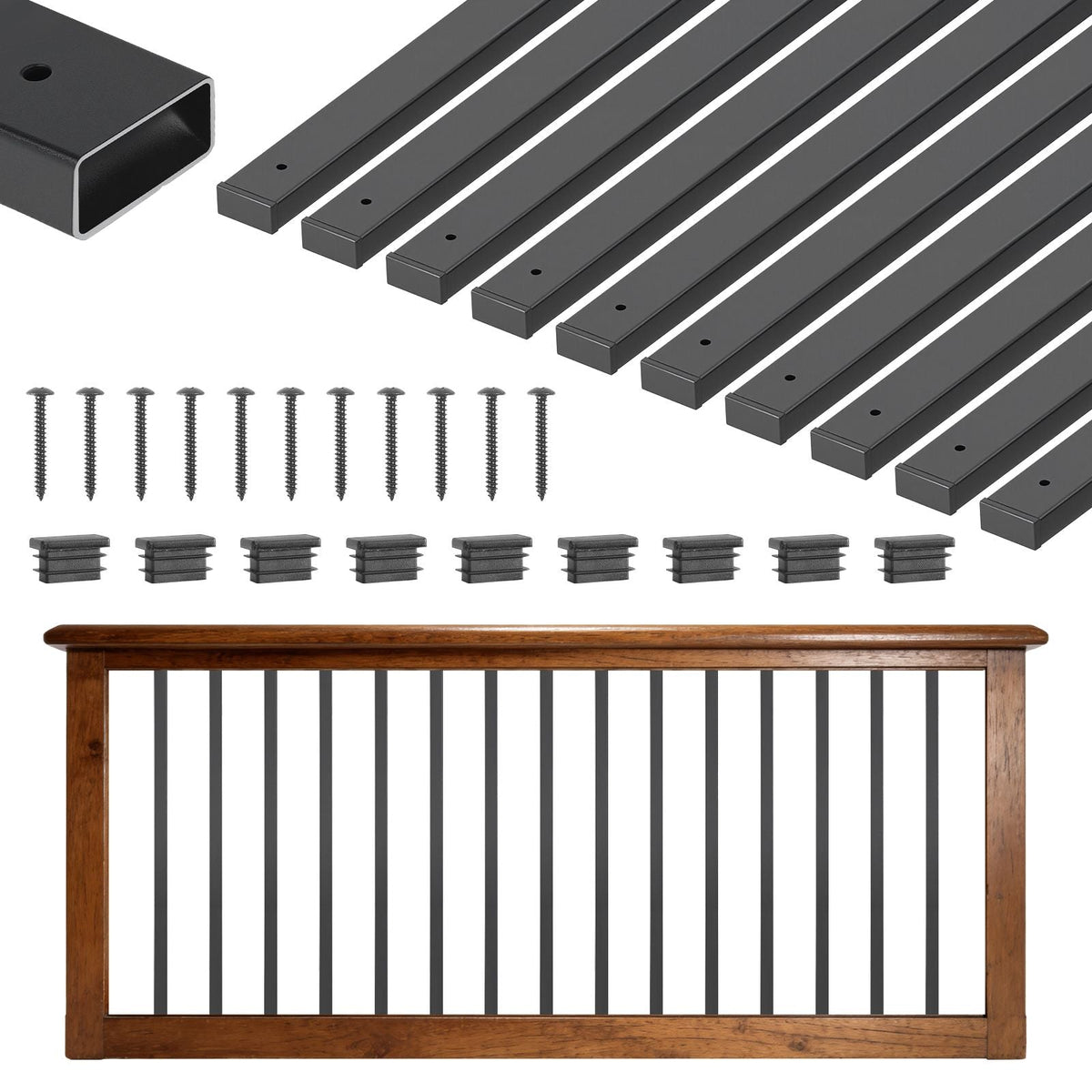61 Pack Deck Balusters, 29.5 in Galvanized Steel Railing Spindles, Hollow Rectangle Metal Decking Stair Balusters with Pre-Drilled Hole, End Caps, Screws, for Deck, Porch & Stair Railing, Black