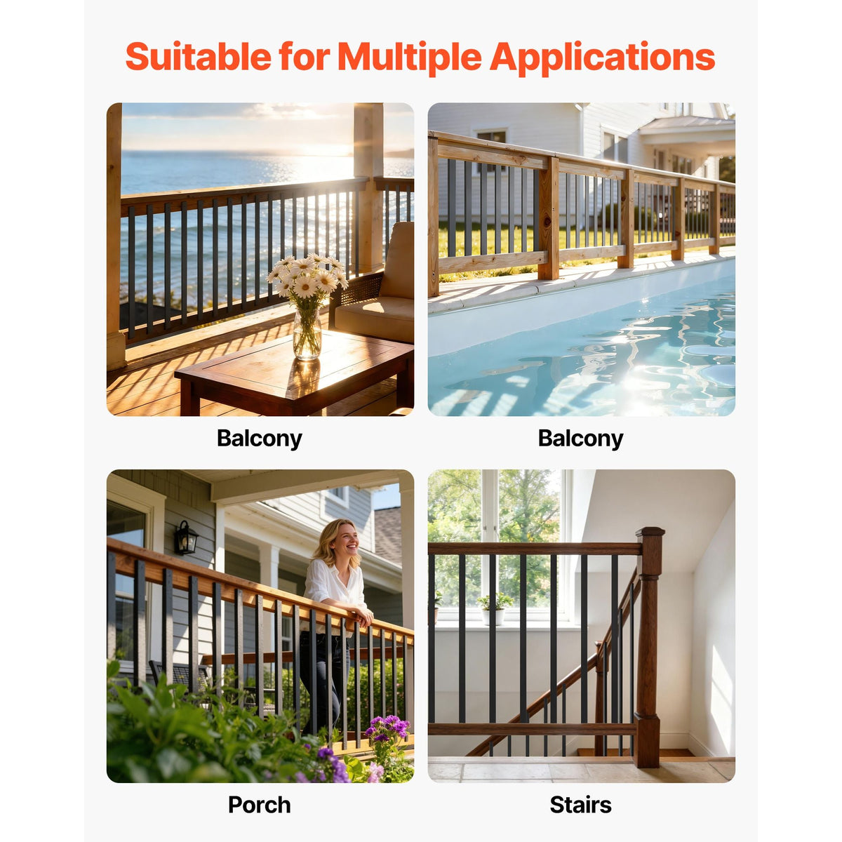 61 Pack Deck Balusters, 32.28 in Galvanized Steel Railing Spindles, Hollow Rectangle Metal Decking Stair Balusters with Pre-Drilled Hole, End Caps, Screws, for Deck, Porch & Stair Railing, Black