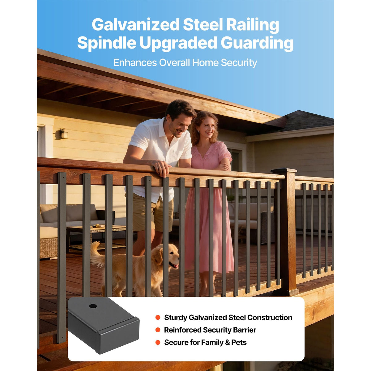 61 Pack Deck Balusters, 32.28 in Galvanized Steel Railing Spindles, Hollow Rectangle Metal Decking Stair Balusters with Pre-Drilled Hole, End Caps, Screws, for Deck, Porch & Stair Railing, Black