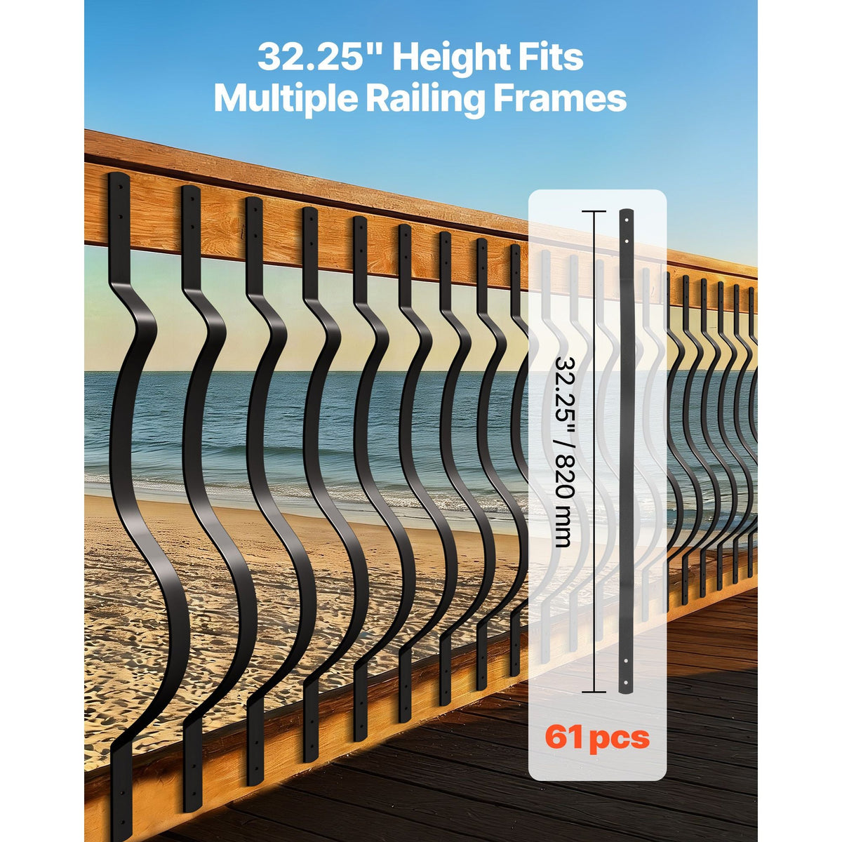 61 Pack Deck Balusters, 32.28 x 1 in Metal Railing Spindles, Galvanized Steel Decking Stair Balusters with Screws, Stylish Wavy Design for Outdoor Deck, Porch & Staircase Railing Fence, Black