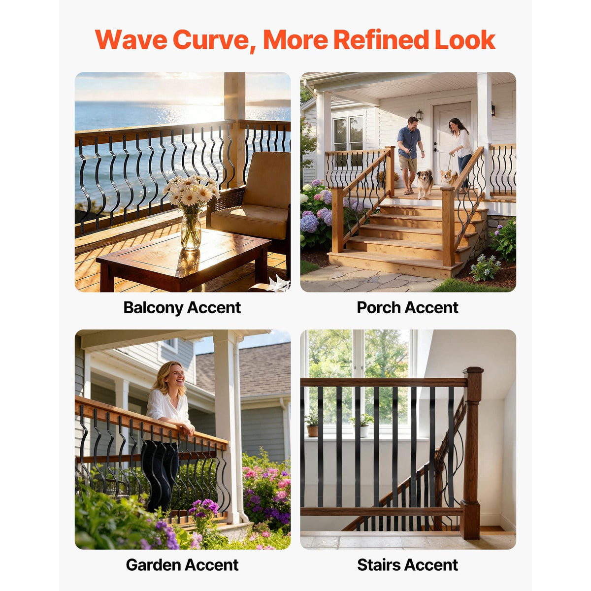 61 Pack Deck Balusters, 32.28 x 1 in Metal Railing Spindles, Galvanized Steel Decking Stair Balusters with Screws, Stylish Wavy Design for Outdoor Deck, Porch & Staircase Railing Fence, Black