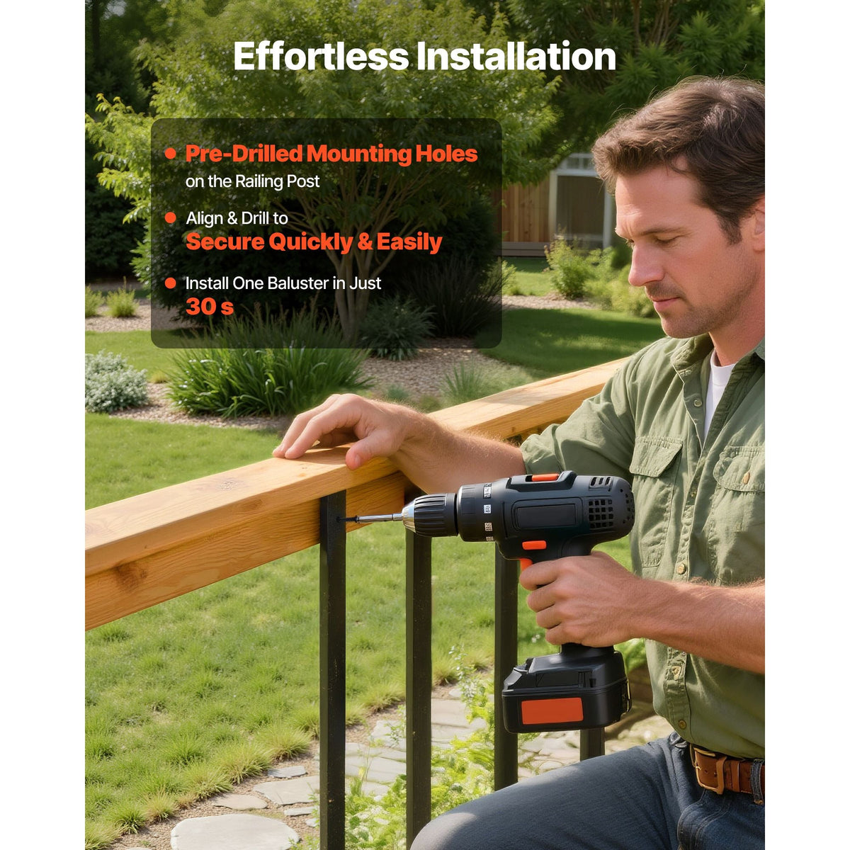 61 Pack Deck Balusters, 36 in Galvanized Steel Railing Spindles, Hollow Rectangle Metal Decking Stair Balusters with Pre-Drilled Hole, End Caps, Screws, for Deck, Porch & Stair Railing, Black