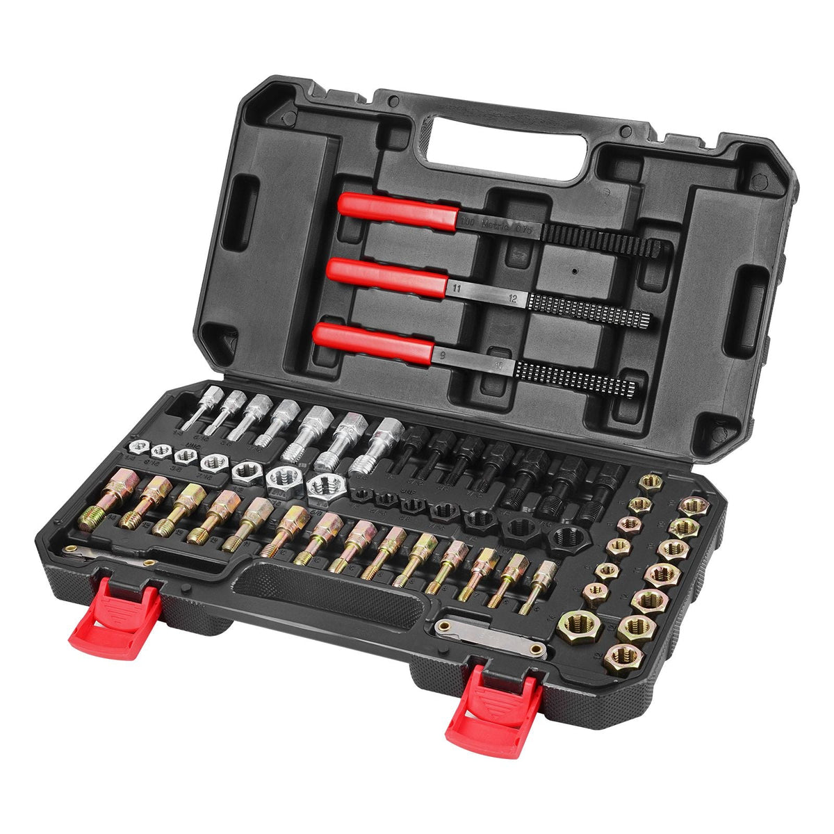 61-Piece Thread Chaser Set, UNC UNF and Metric Thread Restorer Tool, Rethreading Tool Kit with 28 Taps 28 Dies 3 Thread Files Storage Case, Heat Treated Steel, for Mechanics DIY Enthusiasts