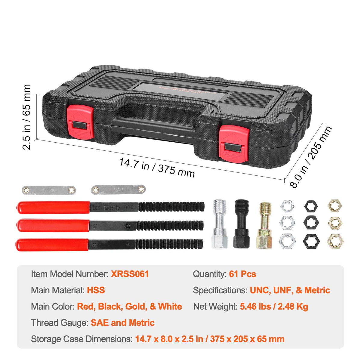 61-Piece Thread Chaser Set, UNC UNF and Metric Thread Restorer Tool, Rethreading Tool Kit with 28 Taps 28 Dies 3 Thread Files Storage Case, Heat Treated Steel, for Mechanics DIY Enthusiasts
