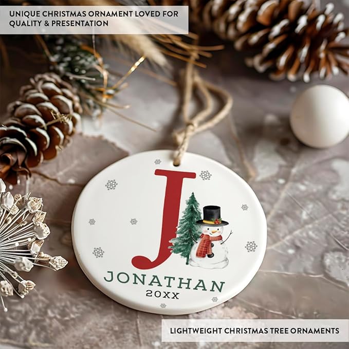 Andaz Press Personalized Ornament, Custom Name, Initial J Monogram Snowman 2.8" Ceramic Porcelain 2025 Christmas Ornament Keepsake for Kids, Boys, Girls, Initial Ornaments Monogram Ornament 1-Pack