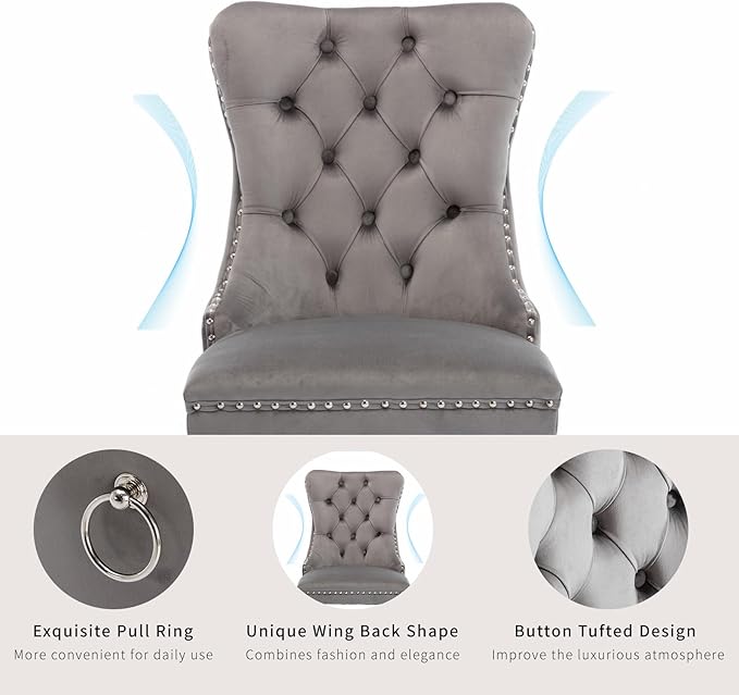 Luxury Upholstered Dining Chairs Set of 8, Grey Kitchen Chair with Silver Metal Legs, Velvet Tufted Back Dining Chair, Sillas de Comedor, Modern Kitchen & Dining Room Chairs (Gray, 8 Pcs)