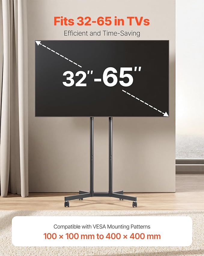 VEVOR Rolling TV Stand, Mobile TV Cart for 32-65 Inch Screens, Height Adjustable, Portable Monitor Stand with Wheels Holds up to 88 lbs for Living Room, Bedroom, Office, Outdoor, Max VESA 400x400mm